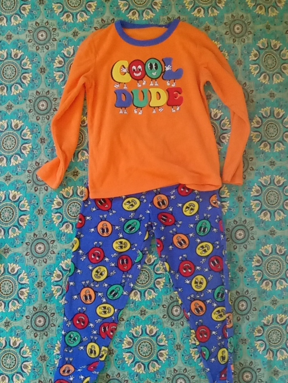 Kids Orange "Cool Dude" Pajama Set with Blue Printed Pants